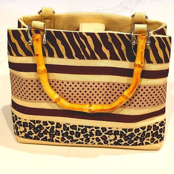 Alexandra Bartlett Bamboo Handle Striped Animal Print Small Tote Hand Bag - Picture 10 of 10